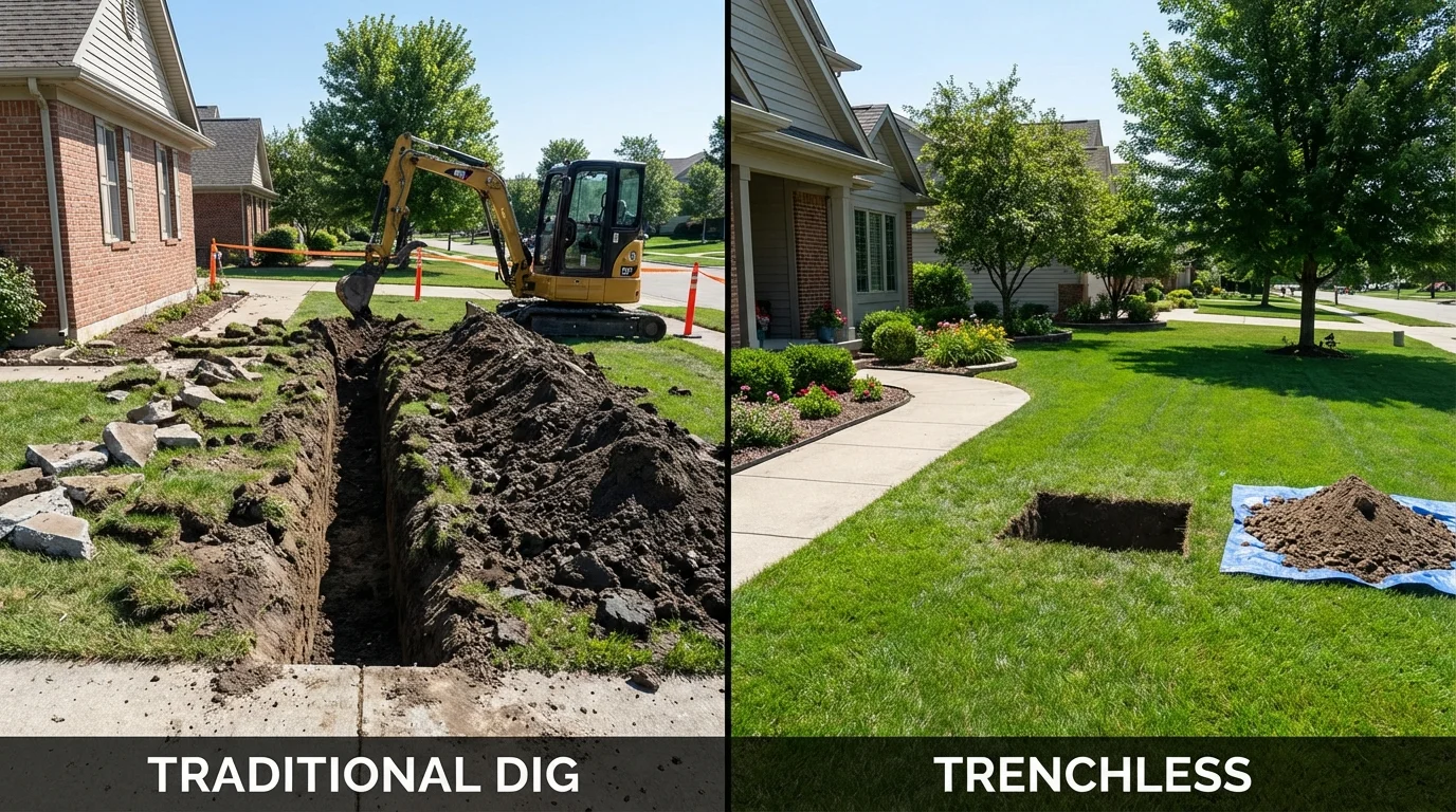 Trenchless sewer repair with minimal yard damage versus traditional excavation in Bridgeport, WV
