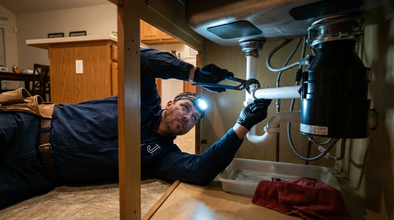 P-trap and supply line connections under a kitchen sink showing a common leak point in Bridgeport, WV